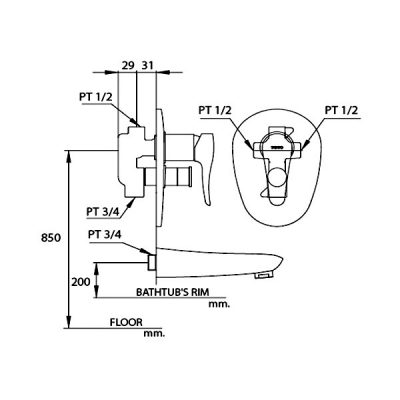 TS265A ก๊อกผสมอ่างอาบน้ำและยืนอาบ ชนิดฝังผนังสำหรับฝักบัวก้านแข็ง รุ่น CAPELLA 