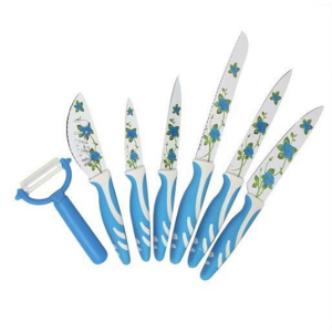 Kokinoor ชุดมีดสแตนเลสเคลือบเซรามิกลายกุหลาบสีฟ้า รุ่นHKC17B