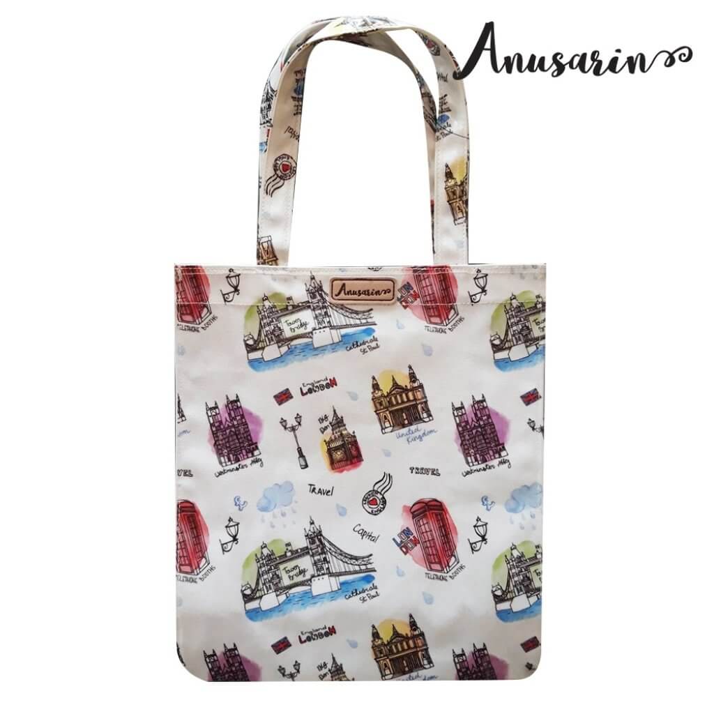 Anusarin กระเป๋าToteผ้าcanvas ลายLondon เคลือบpvcมันกันน้ำ