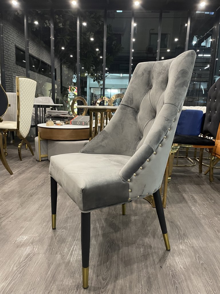 เก้าอี้ตอกหมุด สีเทา ผ้ากำมะหยี่(Pewter gray Dinning Chair)