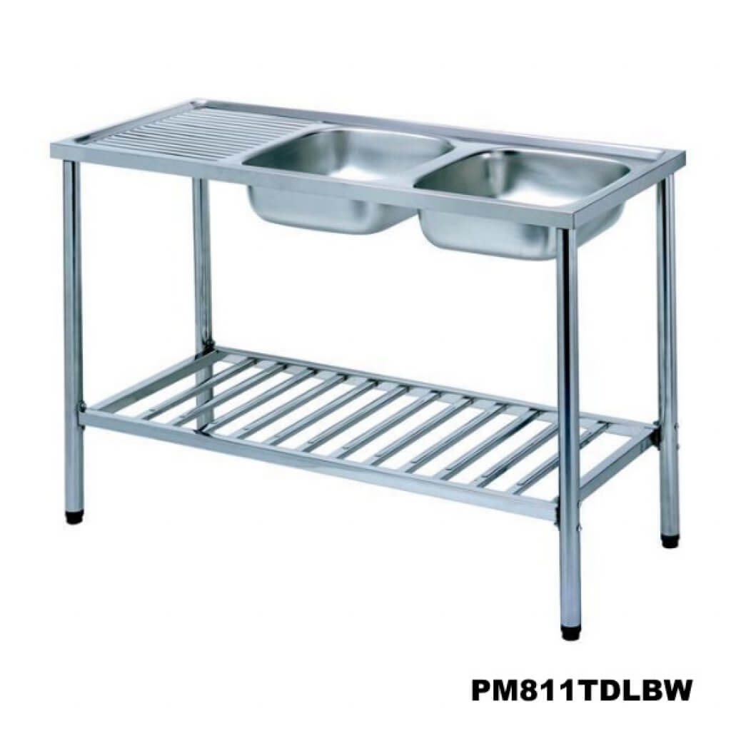 อ่างซิงค์2หลุมมีที่พักจาน+ขาตั้ง สะดือB-PM811TDLBW
