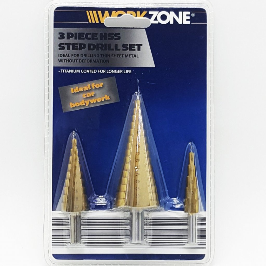 WorkZone step drill ดอกคว้านสเต๊ปชุบไทเทนี่ยม 3ชิ้น เบอร์4-32มิล.