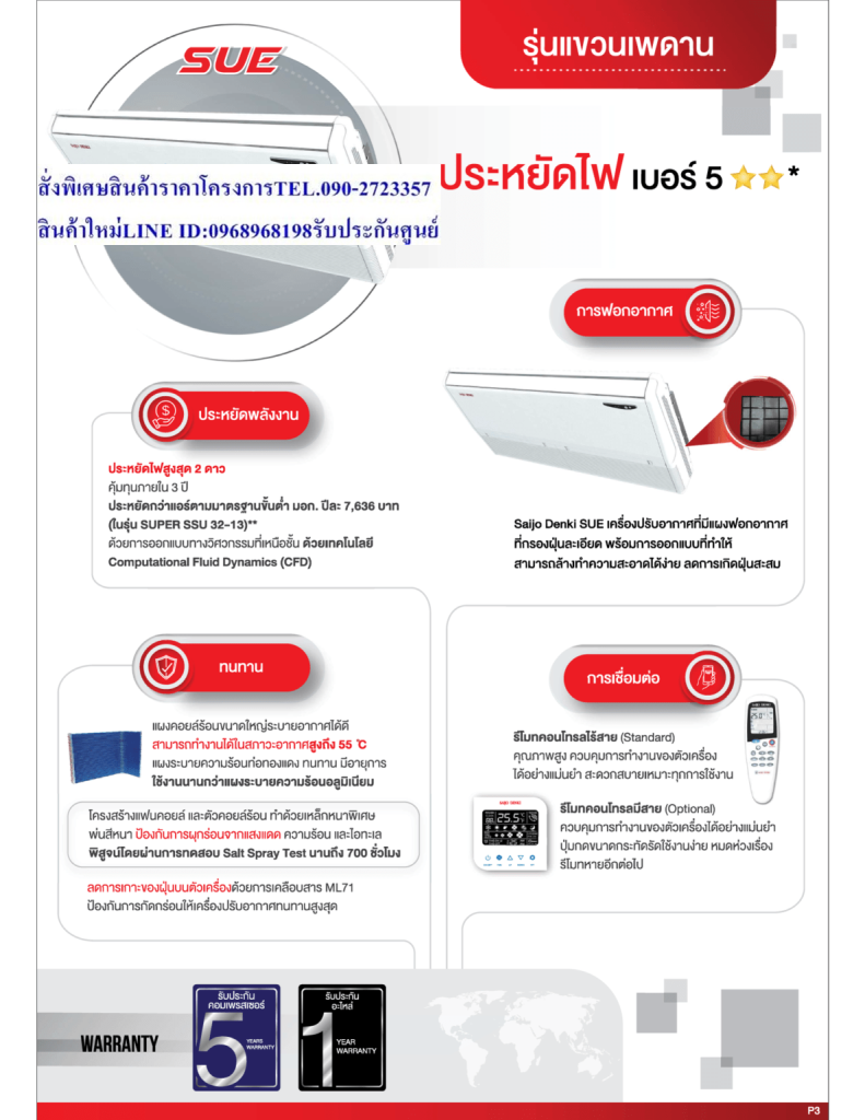 SAIJODENKIเครื่องปรับอากาศ42000บีทียูCEILING TYPEไฟ380โวลต์SUPER SUE SERIESแถมฟรีTRUEรับสัญญาณอินเตอร์เน็ตดาวเทียมHDS10Sแอร์ซัยโจเด็นกิ แบบแขวน SUE SERIES รุ่น SUPER SSU R32-33 น้ำยาแอร์ R-32Air Saijo Denki Ceiling Type SUE SERIES Model SUPER SSU R32-33 ,Refrigerant R-32ประหยัดพลังงาน😀🤏ราคานี้99995ไม่รวมติดตั้งNOFREELOGISTICราคาสินค้ายังไม่รวมค่าจัดส่งค่าจัดส่งจ่ายเองตามจริงสั่งง่ายจัดส่งเร็วเราทำการขายตลอด24ชั่วโมงเช็คสต๊อกก่อนกดสั่งซื้อเพราะมีหน้าร้านด้วยเพื่อป้องกันความผิดพลาดก่อนที่ท่านจะสั่งซื้ออย่าลืมเช็คสถานะของสินค้าก่อนว่ายังมีเหลืออยู่ในสต๊อคหรอไม่ราคาสินค้าอาจมีการเปลี่ยนแปลงกรุณาตรวจสอบราคาสินค้าอีกครั้งที่ปุ่มด้านล่างนี้ จัดส่งผ่านขนส่งเอกชนถึงหน้าบ้านลูกค้าต้องประกอบสินค้าเองเงื่อนไขการรับประกันกรณีสินค้าชำรุดเสียหายจากการผลิตที่ไม่ได้ชำรุดจากการใช้งานสามารถเปลี่ยนสินค้าใหม่ได้ภายใน7วันนับจากวันที่ได้ส่งสินค้าสินค้าชำรุดจากการใช้งานสามารถนำสินค้าพร้อมใบเสร็จและใบรับประกันส่งเครมซ่อมสินค้าได้ที่ศูนย์บริการใกล้บ้านท่านระยะเวลาในการดำเนินการเปลี่ยนสินค้าซ่อมประมาณ3-30วันทำการโทร090-2723357หรือADDไลน์ID:0968968198ติดต่อสั่งซื้อสินค้ายี่ห้อไหนรุ่นไหนจำนวนกี่ตัวกำหนดใช้สินค้าวันไหนต้องการราคาไม่เกินกี่บาทต่อตัวคะ httpswww.facebook.compcbestbuytv หน้าเพจร้านมีสินค้าราคาดีๆใหม่ๆคอยอัพเดทเพิ่มเติมทุกวันด้วยลองคลิ๊กดูคะสนใจรุ่นไหน แค็ปหน้าจอมาแล้วโทรมาเลยฝากกดไลท์ฝากกดแชร์ฝากกดติดตามด้วยคะThankYouคะ😍😻 ประหยัดไฟสูงสุด 2 ดาว คุ้มทุนภายใน 3 ปี ทนทาน แผงคอยล์ร้อนขนาดใหญ่สามารถระบายอากาศได้ดี สามารถทำงานได้ในภาวะอากาศสูงถึง 55 C การเชื่อมต่อ ควบคุมการทำงานของตัวเครื่องได้อย่างแม่นยำ สะดวกสบายเหมาะทุกการใช้งาน การฟองอากาศ Saijo Denki SUE NEW เครื่องปรับอากาศที่มีแผงฟองอากาศที่กรองฝุ่นละเอียดพร้อมการออกแบบที่ทำให้สามารถล้างทำความสะอาดได้ง่ายลดการเกิดฝุ่นสะสมSUE NEW การฟอกอากาศ การเชื่อมต่อ ประหยัดพลังงาน ทนทาน เงียบSKU SUPER SSU R32-33 ป้ายกำกับ แอร์ซัยโจเด็นกิ, แอร์แขวน 33000 BTU การรับประกัน คอมเพรสเซอร์รับประกัน 5 ปี , อะไหล่ทุกชิ้น 1 ปี รีโมท ไร้สาย น้ำยาแอร์ R-32 SEER 14.88 Btu/hW (ค่าประหยัดไฟตามฤดูกาล) BTU 33,569 BTU (ความสามารถในการทำความเย็น)แอร์ซัยโจเด็นกิ Saijo Denki แบบแขวน SUE รุ่น SUPER SSU R32-33 ขนาด 33,569 BTU ระบบไฟ 220Vเพื่อรักษาสิทธิในการเปลี่ยนสินค้ากรุณาทำตามนี้นะคะ 1.กรุณารับสินค้าด้วยตนเองหากไม่สะดวกรับสินค้าให้เลื่อนนัดวันเวลารับกับขนส่งพอดีเวลากัน 2.เมื่อรถขนส่งสินค้ามาถึงกรุณาถ่ายวิดีโอตั้งแต่ตอนที่(รับสินค้าจากขนส่งจนถึงทดลองใช้สินค้า)ให้จบภายในคลิปเดียวห้ามตัดต่อ ✅ เมื่อคุณลูกค้าได้รับสินค้าแล้ว รบกวนอัดคลิปวิดีโอก่อนแกะกล่องพัสดุไว้ด้วยค่ะ เพื่อป้องกันการผิดพลาด หากคุณลูกค้าได้รับสินค้าไม่ครบหรือมีสินค้าชำรุดเสียหาย หากไม่มีหลักฐานยืนยัน ทางร้านขออนุญาตไม่รับผิดชอบทุกกรณีนะคะ❤ ❌ถ้าไม่มีวีดีโอไม่รับผิดชอบทุกกรณี ย้ำไม่รับผิดชอบทุกกรณี❌ หากพัสดุเสียหาย รบกวนปฏิเสธการรับจากทางขนส่งได้เลยค่ะ เงื่อนไขการรับเคลมสินค้า 1. ก่อนรับสินค้าจนถึงแกะกล่องสินค้า ต้องถ่ายคลิปวีดีโอ ใบปะหน้ากล่องสินค้าให้เห็นชื่อลูกค้า ที่อยู่ ขณะแกะกล่องสินค้า และสินค้าที่แพ็คในกล่องสินค้า โดยไม่ตัดต่อ และถ่ายต่อเนื่องในคลิปเดียวจบ 2. หากพบว่ากล่องสินค้าชำรุด ฉีกขาด แตกหัก ให้ถ่ายมุมของกล่องสินค้าไว้เป็นหลักฐานก่อนแกะ 3. เมื่อพบปัญหา สินค้าไม่ครบ ส่งผิด ชำรุด แตกหัก จากการขนส่ง ให้ลูกค้าส่งคลิปหลักฐานและแจ้งเลขที่สั่งซื้อให้แอดมินร้าน ทางแอดมินร้านจะติดต่อประสานงานและแก้ไขปัญหาภายใน วันทำการ1วันทำการ กรณีไม่รับเคลม/คืนสินค้า 1. แจ้งเคลมสินค้า แตกหัก เสียหาย ใช้งานไม่ได้ โดยไม่มีคลิปประกอบ ตามเงื่อนไขที่กำหนด 2. สินค้าเสียหายนอกเหนือจากการขนส่งสินค้า เช่น ลูกค้าทำสินค้าชำรุดเอง แตกหักจากการติดตั้ง หรือ เคลื่อนย้ายสินค้า โดยไม่ระมัดระวัง สอบถามข้อมูลเพิ่มเติม(วันจันทร์ - ศุกร์ เวลา09.00–18.00 น.(เว้นวันหยุดราชการ)หมายเหตุ:กรุณาอ่านก่อนสั่งซื้อๆสินค้าผิดรุ่นเองโดยผู้ซื้อไม่รับเปลี่ยนคืนทุกกรณี/ รับเคลมสินค้าเมื่อมีหลักฐานจากการถ่ายวีดีโอ ก่อนแกะสินค้าเท่านั้นแจ้งลูกค้าทุกท่านทราบ ทางบริษัท ไม่มีบริการยกของขึ้นชั้นบนให้กับทางลูกค้า ต้องขออภัยไว้ ณ.ที่นี่ด้วยค่ะทางเราขอสงวนสิทธิ์ในการเปลี่ยนแปลงหรือยกเลิกโปรโมชั่นดังกล่าวโดยไม่แจ้งให้ทราบล่วงหน้า เงื่อนไขเป็นไปตามที่บริษัทฯกำหนด