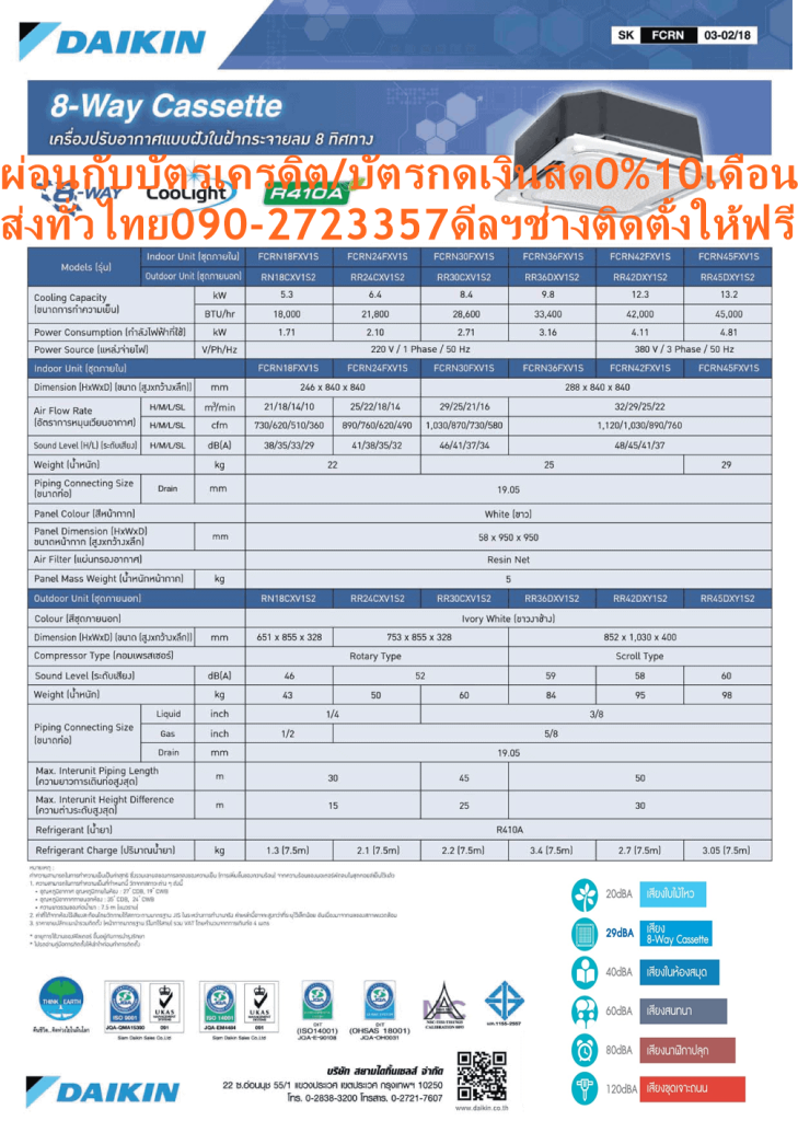 DAIKINเครื่องปรับอากาศCASSETTE36000BTUกระจายลม8ทิศทางFCRNไฟ220โวลต์STANDARDน้ำยาแอร์R410AแถมFREEเครื่องฟอกอากาศฝุ่นPM2.5DAIKIN-CASSETTE-FCRNแอร์ไดกิ้นคาสเซ็ทฝังในฝ้ารุ่นFCRNแอร์คาสเซ็ทราคาประหยัด กระจายลมได้ถึง 8 ทิศทาง เย็นได้ในทุกบริเวณห้อง ทำงานเสียงเงียบสนิทต่ำสุดเพียง 29 เดซิเบล ติดตั้งและดูแลรักษาง่าย 8 Way กระจายลมอย่างทั่วถึงด้วยช่องกระจายลม 8 ทิศทาง เย็นสบายอย่างสม่ำเสอในทุกบริเวณห้อง😀🤏ราคานี้139995ไม่รวมติดตั้งNOFREELOGISTICราคาสินค้ายังไม่รวมค่าจัดส่งค่าจัดส่งจ่ายเองตามจริงสั่งง่ายจัดส่งเร็วเราทำการขายตลอด24ชั่วโมงเช็คสต๊อกก่อนกดสั่งซื้อเพราะมีหน้าร้านด้วยเพื่อป้องกันความผิดพลาดก่อนที่ท่านจะสั่งซื้ออย่าลืมเช็คสถานะของสินค้าก่อนว่ายังมีเหลืออยู่ในสต๊อคหรอไม่ราคาสินค้าอาจมีการเปลี่ยนแปลงกรุณาตรวจสอบราคาสินค้าอีกครั้งที่ปุ่มด้านล่างนี้ จัดส่งผ่านขนส่งเอกชนถึงหน้าบ้านลูกค้าต้องประกอบสินค้าเองเงื่อนไขการรับประกันกรณีสินค้าชำรุดเสียหายจากการผลิตที่ไม่ได้ชำรุดจากการใช้งานสามารถเปลี่ยนสินค้าใหม่ได้ภายใน7วันนับจากวันที่ได้ส่งสินค้าสินค้าชำรุดจากการใช้งานสามารถนำสินค้าพร้อมใบเสร็จและใบรับประกันส่งเครมซ่อมสินค้าได้ที่ศูนย์บริการใกล้บ้านท่านระยะเวลาในการดำเนินการเปลี่ยนสินค้าซ่อมประมาณ3-30วันทำการโทร090-2723357หรือADDไลน์ID:0968968198ติดต่อสั่งซื้อสินค้ายี่ห้อไหนรุ่นไหนจำนวนกี่ตัวกำหนดใช้สินค้าวันไหนต้องการราคาไม่เกินกี่บาทต่อตัวคะ https://www.facebook.com/pcbestbuytv/ หน้าเพจร้านมีสินค้าราคาดีๆใหม่ๆคอยอัพเดทเพิ่มเติมทุกวันด้วยลองคลิ๊กดูคะสนใจรุ่นไหน แค็ปหน้าจอมาแล้วโทรมาเลยฝากกดไลท์ฝากกดแชร์ฝากกดติดตามด้วยคะThankYouคะ😍😻 ด้วยขนาดความสูงน้อยสุดเพียง 24.6 ซม. ในรุ่น FCRN18/24 และ 28.8 ซม. ในรุ่นตั้งแต่ 30,000 บีทียู ขึ้นไป ทำให้ติดตั้งในพื้นที่แคบได้ดี มีน้ำหนักเบา สามารถติดตั้งได้โดยไม่ต้องใช้เครื่องยก ใบพัดกระจายลมพร้อมรอยหยักดีไซน์ใหม่ กระจายลมแรงแต่ทำงานเงียบสนิท ระดับเสียงในการทำงานต่ำสุดเพียง 29 เดซิเบล รูปทรงเครื่องที่มีขนาดเท่ากันทุกรุ่นตั้งแต่ 18,000-45,000 บีทียู ทำให้สามารถจัดวางตำแหน่งการติดตั้งร่วมกันอย่างเป็นระเบียบ เข้าถึงกล่องควบคุมได้ง่ายเพียงเปิดช่องลมเข้าเพื่อให้ง่ายต่อการติดตั้งและบำรุงรักษา ระหว่างการติดตั้งหน้ากากสามารถแขวนหน้ากากไว้กับตะขอ pre-hook ก่อนเพื่อใช้มือทั้งสองในการติดตั้งได้ง่ายขึ้น มุมทั้งสี่สามารถถอดได้เพื่อปรับระดับความสูง มีปั๊มดูดน้ำทิ้งติดตั้งเป็นอุปกรณ์หลักซึ่งส่งน้ำได้สูงจากระดับฝ้าถึง 70 ซม. แผงระบายความร้อนของชุดคอยล์ร้อนเคลือบด้วยอะคริลิคเรซิ่น ป้องกันการกัดกร่อนจากมลพิษในอากาศ ทำให้แผงระบายความร้อนมีอายุการใช้งานนานยิ่งขึ้น หน้ากากพร้อมไฟ LED (อุปกรณ์เสริม) ทั้งสี่มุม สามารถเปิด-ปิดไฟโดยใช้รีโมทคอนโทรล ควบคุมอิสระโดยไม่ต้องเปิดแอร์ เพิ่มแสงสว่างภายในห้อง แอร์ไดกิ้น แบบฝังในฝ้าเพดาน FCRN รับประกันคอมเพรสเซอร์ 5 ปีและอะไหล่ 1 ปีDAIKIN CASSETTE TYPE FCRNคุณสมบัติสินค้าของแอร์ไดกิ้น แบบสี่ทิศทาง FCRN น้ำยาแอร์ R-410❌เพื่อรักษาสิทธิในการเปลี่ยนสินค้ากรุณาทำตามนี้นะคะ✅1.กรุณารับสินค้าด้วยตนเองหากไม่สะดวกรับสินค้าให้เลื่อนนัดวันเวลารับกับขนส่งให้พอดีเวลากัน 2.เมื่อรถขนส่งสินค้ามาถึงกรุณาถ่ายวิดีโอตั้งแต่ตอนที่(รับสินค้าจากขนส่งจนถึงทดลองใช้สินค้า)ให้จบภายในคลิปVDOเดียวห้ามตัดต่อ ✅ เมื่อคุณลูกค้าได้รับสินค้าแล้วรบกวนอัดคลิปวิดีโอก่อนแกะกล่องพัสดุไว้ด้วยค่ะเพื่อป้องกันการผิดพลาดหากคุณลูกค้าได้รับสินค้าไม่ครบหรือมีสินค้าชำรุดเสียหายหากไม่มีหลักฐานยืนยันทางร้านขออนุญาตไม่รับผิดชอบทุกกรณีนะคะ❤ ❌ถ้าไม่มีวีดีโอไม่รับผิดชอบทุกกรณี✅ย้ำไม่รับผิดชอบทุกกรณี❌ หากพัสดุเสียหาย รบกวนปฏิเสธการรับจากทางขนส่งได้เลยค่ะ เงื่อนไขการรับเคลมสินค้า 1. ก่อนรับสินค้าจนถึงแกะกล่องสินค้าต้องถ่ายคลิปVDO✅ใบปะหน้ากล่องสินค้าให้เห็นชื่อลูกค้าที่อยู่ขณะแกะกล่องสินค้าและสินค้าที่แพ็คในกล่องสินค้า❌โดยไม่ตัดต่อVDOและถ่ายVDOต่อเนื่องในคลิปVDOเดียวจบ❌ 2. หากพบว่ากล่องสินค้าชำรุดฉีกขาดแตกหักให้ถ่ายมุมของกล่องสินค้าไว้เป็นหลักฐานก่อนแกะ 3. เมื่อพบปัญหาสินค้าไม่ครบส่งผิดชำรุดแตกหักจากการขนส่งทันทีให้ลูกค้าส่งคลิปหลักฐานและแจ้งเลขที่สั่งซื้อให้แอดมินร้านฯทางแอดมินร้านจะติดต่อประสานงานและแก้ไขปัญหาภายในวันทำการ1วันทำการ กรณีไม่รับเคลม/คืนสินค้า 1. แจ้งเคลมสินค้าแตกหักเสียหายใช้งานไม่ได้โดยไม่มีคลิปVDOประกอบตามเงื่อนไขที่กำหนด 2. สินค้าเสียหายนอกเหนือจากการขนส่งสินค้าเช่นลูกค้าทำสินค้าชำรุดเองแตกหักจากการติดตั้งหรือเคลื่อนย้ายสินค้าโดยไม่ระมัดระวัง/ทำพลาดล้มตกหล่นหรือมีคน,สัตว์เลี้ยงใบ้านของลูกค้าทำพังหรือปล่อยทิ้งสินค้าไว้เพียงลำพังโดยไม่มีคนเฝ้าระวัง สอบถามข้อมูลเพิ่มเติม(วันจันทร์ - ศุกร์ เวลา09.00–18.00 น.(เว้นวันหยุดราชการ)หมายเหตุ:กรุณาอ่านก่อนสั่งซื้อๆสินค้าผิดรุ่นเองโดยผู้ซื้อไม่รับเปลี่ยนคืนทุกกรณี/ รับเคลมสินค้าเมื่อมีหลักฐานจากการถ่ายวีดีโอ ก่อนแกะสินค้าเท่านั้นแจ้งลูกค้าทุกท่านทราบ ทางบริษัทไม่มีบริการยกของขึ้นชั้นบนให้กับทางลูกค้าต้องขออภัยไว้ณ.ที่นี่ด้วยค่ะทางเราขอสงวนสิทธิ์ในการเปลี่ยนแปลงหรือยกเลิกโปรโมชั่นดังกล่าวโดยไม่แจ้งให้ทราบล่วงหน้า เงื่อนไขเป็นไปตามที่บริษัทฯกำหนดAir Daikin Cassette Type FCRN Model ,Refrigerant R-410 กระจายลม 8 ทิศทาง กระจายลมอย่างทั่วถึงด้วยช่องกระจายลม 8 ทิศทาง เย็นสบายอย่างต่อเนื่องทุกบริเวณ ลดปัญหาอากาศไหลเวียนไม่สม่ำเสมอ แตกต่างจากแบบกระจายลม 4 ทิศทางทั่วไป ขนาดกะทัดรัดติดตั้งง่าย น้ำหนักเบา ด้วยขนาดความสูงน้อยสุดเพียง 24.6 ซม. ในรุ่น FCRN18/24 และ 28.8 ซม. ในรุ่น FCRN30/36/42/45 ทำให้ติดตั้งในพื้นที่แคบได้ดี มีน้ำหนักเบา สามารถติดตั้งได้โดยไม่ต้องใช้เครื่องยก ทำงานเงียบ ใบพัดกระจายลมพร้อมรอยหยักดีไซน์ใหม่ กระจายลมแรงแต่ทำงานเงียบ ด้วยระดับเสียงในการทำงานต่ำสุดเพียง 29 เดซิเบล มีปั๊มดูดน้ำทิ้งเป็นอุปกรณ์หลัก มีปั๊มดูดน้ำทิ้งติดตั้งเป็นอุปกรณ์หลักซึ่งส่งน้ำได้สูงจากระดับฝ้าถึง 70 ซม. ติดตั้งและดูแลรักษาได้ง่าย เข้าถึงกล่องควบคุมได้ง่ายเพียงเปิดช่องลมเข้าเพื่อให้ง่ายต่อการติดตั้งและบำรุงรักษา ระหว่างการติดตั้งหน้ากากสามารถแขวนหน้ากากไว้กับตะขอ pre-hook ก่อนเพื่อใช้มือทั้งสองในการติดตั้งได้ง่ายขึ้น มุมทั้งสี่สามารถถอดได้เพื่อปรับระดับความสูง ขนาดเท่ากันทุกรุ่น เป็นระเบียบเมื่อติดตั้ง ด้วยรูปทรงที่มีขนาดเท่ากันทุกรุ่นตั้งแต่ 18,000-45,000 BTU ทำให้มีความสวยงามเป็นระเบียบเมื่อติดตั้งหลายเครื่องเรียงกัน แผงคอยล์ร้อนทองแดง ทนทาน ใช้งานได้ยาวนาน แผงระบายความร้อนของชุดคอยล์ร้อนเคลือบด้วยอะคริลิคเรซิ่น ป้องกันการกัดกร่อนจากมลพิษในอากาศ ทำให้แผงระบายความร้อนมีอายุการใช้งานนานยิ่งขึ้น หน้ากากพร้อมไฟ LED (อุปกรณ์เสริม) หน้ากากพร้อมไฟ LED ทั้งสี่มุม สามารถเปิด-ปิดไฟโดยใช้รีโมทคอนโทรล ควบคุมอิสระโดยไม่ต้องเปิดแอร์ เพิ่มแสงสว่างภายในห้อง ลักษณะเฉพาะของผลิตภัณฑ์Daikin Cassette FCRN คุณสมบัติSpecification Unit FCRN18FXV1S ขนาดการทำความเย็น BTU/h 18,000 กำลังไฟฟ้า W 1,710 แหล่งจ่ายไฟ V/Ph/Hz 220 V / 1 Phase / 50 Hz Indoor Unit Model FCRN18FXV1S สีหน้ากาก White (ขาว) ขนาดหน้ากาก (สูงxกว้างxลึก) mm 58 x 950 x 950 น้ำหนักหน้ากาก kg 5 อัตราการหมุนเวียนอากาศ H/M/L cfm 730 / 620 / 510 / 360 ระดับความเร็วพัดลม 3 Steps, Powerful การกระจายลม Auto Swing แผ่นกรองอากาศ Resin net ระดับเสียง H/M/L dB(A) 38 / 35 / 33 / 29 ขนาด (สูงxกว้างxลึก) mm 246 x 840 x 840 น้ำหนัก kg 22 Outdoor Unit Model RN18CXV1S2 สีชุดภายนอก Ivory White (สีขาวงาช้าง) อัตราการหมุนเวียนอากาศ cfm – ระดับเสียง Cooling/ Night Quiet Mode dB(A) 46 / – ขนาด (สูงxกว้างxลึก) mm 651 x 855 x 328 น้ำหนัก kg 43 คอมเพรสเซอร์ Rotary Type สารทำความเย็น R410A เดินท่อได้ไกลสูงสุดโดยไม่ต้องเติมน้ำยาเพิ่มเติม m 7.5 ความยาวการเดินท่อสูงสุด m 30 ความต่างระดับสูงสุด m 15 Specification Unit FCRN24FXV1S ขนาดการทำความเย็น BTU/h 21,800 กำลังไฟฟ้า W 2,100 แหล่งจ่ายไฟ V/Ph/Hz 220 V / 1 Phase / 50 Hz Indoor Unit Model FCRN24FXV1S สีหน้ากาก White (ขาว) ขนาดหน้ากาก (สูงxกว้างxลึก) mm 58 x 950 x 950 น้ำหนักหน้ากาก kg 5 อัตราการหมุนเวียนอากาศ H/M/L cfm 890 / 760 / 620 / 490 ระดับความเร็วพัดลม 3 Steps, Powerful การกระจายลม Auto Swing แผ่นกรองอากาศ Resin net ระดับเสียง H/M/L dB(A) 41 / 38 / 35 / 32 ขนาด (สูงxกว้างxลึก) mm 246 x 840 x 840 น้ำหนัก kg 22 Outdoor Unit Model RR24CXV1S2 สีชุดภายนอก Ivory White (สีขาวงาช้าง) อัตราการหมุนเวียนอากาศ cfm – ระดับเสียง Cooling/ Night Quiet Mode dB(A) 52 / – ขนาด (สูงxกว้างxลึก) mm 753 x 855 x 328 น้ำหนัก kg 50 คอมเพรสเซอร์ Rotary Type สารทำความเย็น R410A เดินท่อได้ไกลสูงสุดโดยไม่ต้องเติมน้ำยาเพิ่มเติม m 7.5 ความยาวการเดินท่อสูงสุด m 30 ความต่างระดับสูงสุด m 15 Specification Unit FCRN30FXV1S ขนาดการทำความเย็น BTU/h 28,600 กำลังไฟฟ้า W 2,710 แหล่งจ่ายไฟ V/Ph/Hz 220 V / 1 Phase / 50 Hz Indoor Unit Model FCRN30FXV1S สีหน้ากาก White (ขาว) ขนาดหน้ากาก (สูงxกว้างxลึก) mm 58 x 950 x 950 น้ำหนักหน้ากาก kg 5 อัตราการหมุนเวียนอากาศ H/M/L cfm 1030 / 870 / 730 / 580 ระดับความเร็วพัดลม 3 Steps, Powerful การกระจายลม Auto Swing แผ่นกรองอากาศ Resin net ระดับเสียง H/M/L dB(A) 46 / 41 / 37 / 34 ขนาด (สูงxกว้างxลึก) mm 288 x 840 x 840 น้ำหนัก kg 25 Outdoor Unit Model RR30CXV1S2 สีชุดภายนอก Ivory White (สีขาวงาช้าง) อัตราการหมุนเวียนอากาศ cfm – ระดับเสียง Cooling/ Night Quiet Mode dB(A) 52 / – ขนาด (สูงxกว้างxลึก) mm 753 x 855 x 328 น้ำหนัก kg 60 คอมเพรสเซอร์ Rotary Type สารทำความเย็น R410A เดินท่อได้ไกลสูงสุดโดยไม่ต้องเติมน้ำยาเพิ่มเติม m 7.5 ความยาวการเดินท่อสูงสุด m 45 ความต่างระดับสูงสุด m 25 Specification Unit FCRN36FXV1S ขนาดการทำความเย็น BTU/h 33,400 กำลังไฟฟ้า W 3,160 แหล่งจ่ายไฟ V/Ph/Hz 220 V / 1 Phase / 50 Hz Indoor Unit Model FCRN36FXV1S สีหน้ากาก White (ขาว) ขนาดหน้ากาก (สูงxกว้างxลึก) mm 58 x 950 x 950 น้ำหนักหน้ากาก kg 5 อัตราการหมุนเวียนอากาศ H/M/L cfm 1,120 / 1,030 / 890 / 760 ระดับความเร็วพัดลม 3 Steps, Powerful การกระจายลม Auto Swing แผ่นกรองอากาศ Resin net ระดับเสียง H/M/L dB(A) 48 / 45 / 41 / 37 ขนาด (สูงxกว้างxลึก) mm 288 x 840 x 840 น้ำหนัก kg 25 Outdoor Unit Model RR36DXV1S2 สีชุดภายนอก Ivory White (สีขาวงาช้าง) อัตราการหมุนเวียนอากาศ cfm – ระดับเสียง Cooling/ Night Quiet Mode dB(A) 59 / – ขนาด (สูงxกว้างxลึก) mm 852 x 1030 x 400 น้ำหนัก kg 84 คอมเพรสเซอร์ Scroll Type สารทำความเย็น R410A เดินท่อได้ไกลสูงสุดโดยไม่ต้องเติมน้ำยาเพิ่มเติม m 7.5 ความยาวการเดินท่อสูงสุด m 50 ความต่างระดับสูงสุด m 30 Specification Unit FCRN42FXV1S ขนาดการทำความเย็น BTU/h 42,000 กำลังไฟฟ้า W 4,110 แหล่งจ่ายไฟ V/Ph/Hz 380 V / 3 Phase/ 50 Hz Indoor Unit Model FCRN42FXV1S สีหน้ากาก White (ขาว) ขนาดหน้ากาก (สูงxกว้างxลึก) mm 58 x 950 x 950 น้ำหนักหน้ากาก kg 5 อัตราการหมุนเวียนอากาศ H/M/L cfm 1,120 / 1,030 / 890 / 760 ระดับความเร็วพัดลม 3 Steps, Powerful การกระจายลม Auto Swing แผ่นกรองอากาศ Resin net ระดับเสียง H/M/L dB(A) 48 / 45 / 41 / 37 ขนาด (สูงxกว้างxลึก) mm 288 x 840 x 840 น้ำหนัก kg 25 Outdoor Unit Model RR42DXY1S2 สีชุดภายนอก Ivory White (สีขาวงาช้าง) อัตราการหมุนเวียนอากาศ cfm – ระดับเสียง Cooling/ Night Quiet Mode dB(A) 58 / – ขนาด (สูงxกว้างxลึก) mm 852 x 1030 x 400 น้ำหนัก kg 95 คอมเพรสเซอร์ Scroll Type สารทำความเย็น R410A เดินท่อได้ไกลสูงสุดโดยไม่ต้องเติมน้ำยาเพิ่มเติม m 7.5 ความยาวการเดินท่อสูงสุด m 50 ความต่างระดับสูงสุด m 30 Specification Unit FCRN45FXV1S ขนาดการทำความเย็น BTU/h 45,000 กำลังไฟฟ้า W 4,810 แหล่งจ่ายไฟ V/Ph/Hz 380 V / 3 Phase/ 50 Hz Indoor Unit Model FCRN45FXV1S สีหน้ากาก White (ขาว) ขนาดหน้ากาก (สูงxกว้างxลึก) mm 58 x 950 x 950 น้ำหนักหน้ากาก kg 5 อัตราการหมุนเวียนอากาศ H/M/L cfm 1,120 / 1,030 / 890 / 760 ระดับความเร็วพัดลม 3 Steps, Powerful การกระจายลม Auto Swing แผ่นกรองอากาศ Resin net ระดับเสียง H/M/L dB(A) 48 / 45 / 41 / 37 ขนาด (สูงxกว้างxลึก) mm 288 x 840 x 840 น้ำหนัก kg 29 Outdoor Unit Model RR45DXY1S2 สีชุดภายนอก Ivory White (สีขาวงาช้าง) อัตราการหมุนเวียนอากาศ cfm – ระดับเสียง Cooling/ Night Quiet Mode dB(A) 60 / – ขนาด (สูงxกว้างxลึก) mm 852 x 1030 x 400 น้ำหนัก kg 98 คอมเพรสเซอร์ Scroll Type สารทำความเย็น R410A เดินท่อได้ไกลสูงสุดโดยไม่ต้องเติมน้ำยาเพิ่มเติม m 7.5 ความยาวการเดินท่อสูงสุด m 50 ความต่างระดับสูงสุด m 30 *อ้างอิงจากการใช้งาน 8 ชม. ต่อวันเป็นระยะเวลา 1 ปี x ค่าไฟ 3.96 บาทต่อหน่วย คุณสมบัติของผลิตภัณฑ์ MODEL Cassette FCRN-FXV1S สารทำความเย็นและระบบการทำงาน ระบบ On-Off สารทำความเย็น R410A ปราศจากกังวล เคลือบสารป้องกันการผุกร่อนที่คอยล์ร้อน รีโมทคอนโทรลและการควบคุม การตั้งเวลาเปิด – ปิด ความสะดวกสบาย การสวิงแนวตั้ง (ขึ้น-ลง) อัตโนมัติ การเลือกรูปแบบการสวิง การเลือกโหมดลดความชื้น การทำงานและการดูแลรักษา ปั๊มน้ำทิ้ง ระบบตรวจสอบความผิดปกติของตัวเครื่อง ลูกค้าสนใจแอร์ไดกิ้น แบบติดผนัง รุ่นอื่น