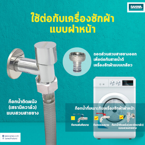 ก๊อกน้ำติดผนังแบบสวมสายยาง ซันวา SANWA JET Ceramic Wall Tap with Hose - Image 2