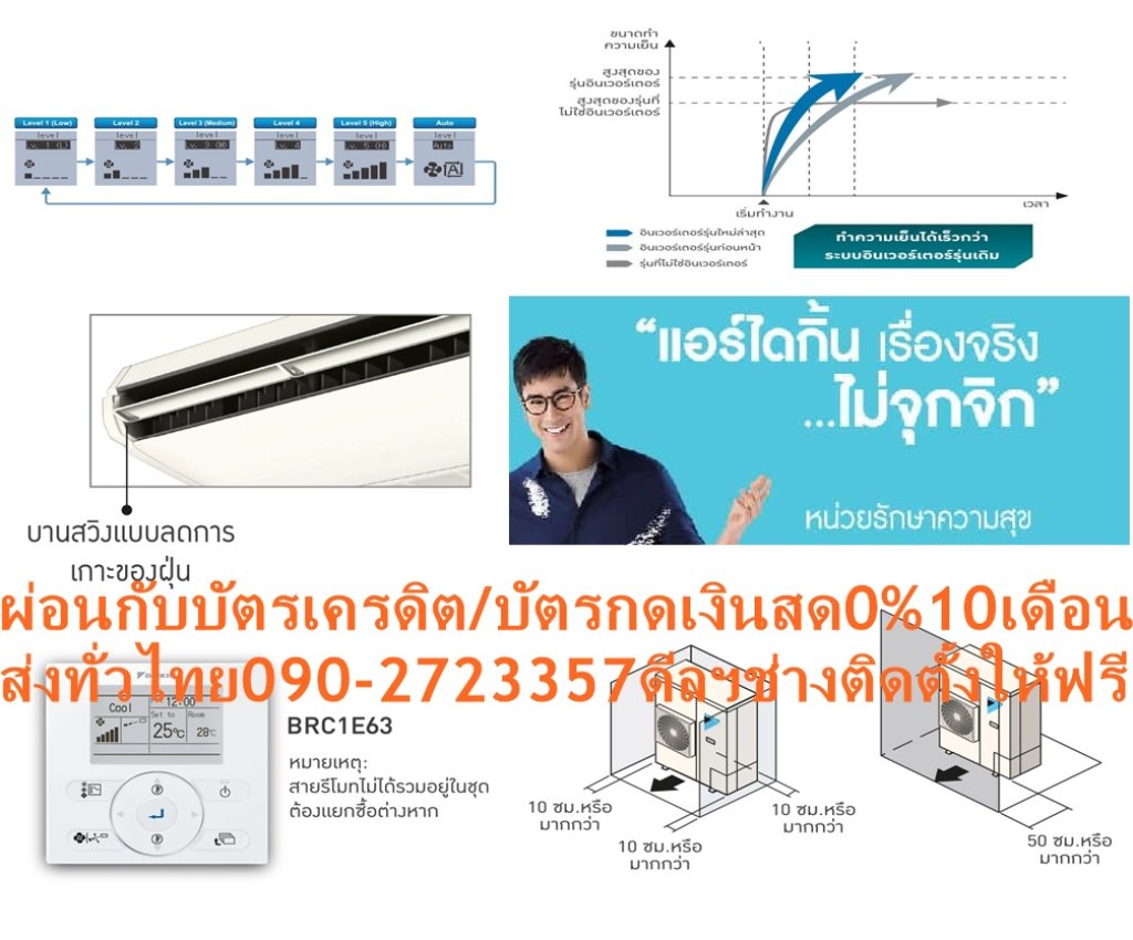 DAIKINเครื่องปรับอากาศCEILINGแขวน14000-38000BTUไฟ220-380โวลต์FHNQ-NV2Sเบอร์5มอกINVERTERน้ำยาแอร์R410AแถมFREEเครื่องฟอกอากาศฝุ่นPM2.5DAIKIN-CEILING-NO.5แอร์แขวนดีไซน์เรียบหรูบางเฉียบเพียง19.5ซม. สินค้าคุณภาพอันดับหนึ่ง กระจายลมเย็นทั่วถึงรอบห้อง ทำงานเงียบสนิท ประหยัดไฟเบอร์ห้าทุกรุ่น ตัวเครื่องบางเพียง 19.5 ซม. ติดตั้งในพื้นที่แคบได้โดยเว้นระยะห่างซ้าย-ขวา เพียงด้านละ 3 ซม. ตืดตั้งบนเพดานสูงสุด 3.5 เมตร สวิงขึ้น-ลงอัตโนมัติ ปรับการกระจายลมแยกซ้ายขวาอิสระ โหมดลดความชื้น สร้างสภาวะความเย็นที่รู้สึกสบายมากขึ้น แผ่นกรองอากาศป้องกันแบคทีเรีย ดูแลรักษาง่าย บานสวิงแบบพิเศษไม่ก่อให้เกิดหยดน้ำและคราบฝุ่น ตัวเครื่องผิวเรียบ แผงลมเข้าป้องกันละอองน้ำมัน ใช้งานทนทานนานปี ตัวคอมเพรสเซอร์ถูกเคลือบด้วยสารพิเศษเทคโนโลยีล่าสุดจากไดกิ้นที่สามารถปกป้องการกัดกร่อน ประหยัดไฟเบอร์ 5 ราคานี้129995ไม่รวมติดตั้งNOFREELOGISTICราคาสินค้ายังไม่รวมค่าจัดส่งค่าจัดส่งจ่ายเองตามจริงสั่งง่ายจัดส่งเร็วเราทำการขายตลอด24ชั่วโมงเช็คสต๊อกก่อนกดสั่งซื้อเพราะมีหน้าร้านด้วยเพื่อป้องกันความผิดพลาดก่อนที่ท่านจะสั่งซื้ออย่าลืมเช็คสถานะของสินค้าก่อนว่ายังมีเหลืออยู่ในสต๊อคหรอไม่ราคาสินค้าอาจมีการเปลี่ยนแปลงกรุณาตรวจสอบราคาสินค้าอีกครั้งที่ปุ่มด้านล่างนี้ จัดส่งผ่านขนส่งเอกชนถึงหน้าบ้านลูกค้าต้องประกอบสินค้าเองเงื่อนไขการรับประกันกรณีสินค้าชำรุดเสียหายจากการผลิตที่ไม่ได้ชำรุดจากการใช้งานสามารถเปลี่ยนสินค้าใหม่ได้ภายใน7วันนับจากวันที่ได้ส่งสินค้าสินค้าชำรุดจากการใช้งานสามารถนำสินค้าพร้อมใบเสร็จและใบรับประกันส่งเครมซ่อมสินค้าได้ที่ศูนย์บริการใกล้บ้านท่านระยะเวลาในการดำเนินการเปลี่ยนสินค้าซ่อมประมาณ3-30วันทำการโทร090-2723357หรือADDไลน์ID:0968968198ติดต่อสั่งซื้อสินค้ายี่ห้อไหนรุ่นไหนจำนวนกี่ตัวกำหนดใช้สินค้าวันไหนต้องการราคาไม่เกินกี่บาทต่อตัวคะ https://www.facebook.com/pcbestbuytv/ หน้าเพจร้านมีสินค้าราคาดีๆใหม่ๆคอยอัพเดทเพิ่มเติมทุกวันด้วยลองคลิ๊กดูคะสนใจรุ่นไหน แค็ปหน้าจอมาแล้วโทรมาเลยฝากกดไลท์ฝากกดแชร์ฝากกดติดตามด้วยคะThankYouคะ แอร์ไดกิ้น แบบแขวนใต้ฝ้า FHNQ Series No.5 รับประกันคอมเพรสเซอร์ 5 ปี และอะไหล่ 1 ปีDaikin-Ceiling-No.5คุณสมบัติสินค้าของแอร์ไดกิ้น แบบแขวนเบอร์ 5 FHNQ-NV2S น้ำยาแอร์ R-410แอร์แขวนไดกิ้น FHNQ รุ่นประหยัดไฟเบอร์ 5Air Daikin Ceiling Type FHNQ-NV2S ,Refrigerant R-410ติดตั้งบนเพดานสูงได้ถึง 3.5 เมตร กำลังลมแรง สามารถติดตั้งในพื้นที่ที่มีเพดานสูงถึง 3.5 เมตร ติดตั้งได้แม้ในพื้นที่แคบ สามารถติดตั้งในพื้นที่แคบได้อย่างง่ายดาย การเดินสายไฟทำได้อย่างง่ายดายจากด้านใต้เครื่อง สามารถเชื่อมต่อท่อด้านหลังได้ง่าย ดีไซน์สวยงาม ขนาดบาง ดีไซน์สวยงาม ขนาดบางเพียง 195 มม. และความลึก 680 มม. เท่ากันทุกรุ่น ทำให้เวลาติดตั้งดูเป็นระเบียบเรียบร้อย ออกแบบได้อย่างลงตัว ทนทาน ใช้งานได้ยาวนาน แผงระบายความร้อนของชุดคอยล์ร้อนเคลือบด้วยอะคริลิคเรซิ่น ป้องกันการกัดกร่อนจากมลพิษในอากาศ ทำให้แผงระบายความร้อนมีอายุการใช้งานนานยิ่งขึ้น (รุ่น RNQ13/18NV2S) ดูแลรักษาง่าย ถอดล้างทำความสะอาดแผ่นกรองฝุ่นง่ายเพียงถอดหน้ากากช่องอากาศเข้า หากต้องการซ่อมบำรุงเพียงแค่ถอดส่วนล่างของตัวเครื่องก็จะสามารถดูแลรักษาอุปกรณ์ได้ เย็นทั่วถึงด้วยใบพัดกระจายลมแนวตั้งอัตโนมัติ เย็นสบายและทั่วถึงด้วยใบพัดกระจายลมแนวตั้งปรับขึ้น-ลงอัตโนมัติได้กว้างถึง 50 องศา ใบพัดกระจายลมแนวนอนแยกปรับการกระจายลมซ้าย-ขวาอิสระแบบแมนวลได้กว้างถึง 100 องศา บานสวิงแบบพิเศษ ลดการเกาะของฝุ่น บานสวิงแบบพิเศษ ไม่ก่อให้เกิดหยดน้ำ ลดความสกปรกจากฝุ่น ทำความสะอาดง่าย ตัวเครื่องพื้นผิวเรียบ ทำความสะอาดง่าย ลักษณะเฉพาะของผลิตภัณฑ์ คุณสมบัติ เพื่อรักษาสิทธิในการเปลี่ยนสินค้ากรุณาทำตามนี้นะคะ 1.กรุณารับสินค้าด้วยตนเองหากไม่สะดวกรับสินค้าให้เลื่อนนัดวันเวลารับกับขนส่งให้พอดีเวลากัน 2.เมื่อรถขนส่งสินค้ามาถึงกรุณาถ่ายวิดีโอตั้งแต่ตอนที่(รับสินค้าจากขนส่งจนถึงทดลองใช้สินค้า)ให้จบภายในคลิปVDOเดียวห้ามตัดต่อ เมื่อคุณลูกค้าได้รับสินค้าแล้วรบกวนอัดคลิปวิดีโอก่อนแกะกล่องพัสดุไว้ด้วยค่ะเพื่อป้องกันการผิดพลาดหากคุณลูกค้าได้รับสินค้าไม่ครบหรือมีสินค้าชำรุดเสียหายหากไม่มีหลักฐานยืนยันทางร้านขออนุญาตไม่รับผิดชอบทุกกรณีนะคะ ถ้าไม่มีวีดีโอไม่รับผิดชอบทุกกรณี ย้ำไม่รับผิดชอบทุกกรณี หากพัสดุเสียหาย รบกวนปฏิเสธการรับจากทางขนส่งได้เลยค่ะ เงื่อนไขการรับเคลมสินค้า 1. ก่อนรับสินค้าจนถึงแกะกล่องสินค้าต้องถ่ายคลิปVDO ใบปะหน้ากล่องสินค้าให้เห็นชื่อลูกค้าที่อยู่ขณะแกะกล่องสินค้าและสินค้าที่แพ็คในกล่องสินค้า โดยไม่ตัดต่อVDOและถ่ายVDOต่อเนื่องในคลิปVDOเดียวจบ 2. หากพบว่ากล่องสินค้าชำรุดฉีกขาดแตกหักให้ถ่ายมุมของกล่องสินค้าไว้เป็นหลักฐานก่อนแกะ 3. เมื่อพบปัญหาสินค้าไม่ครบส่งผิดชำรุดแตกหักจากการขนส่งทันทีให้ลูกค้าส่งคลิปหลักฐานและแจ้งเลขที่สั่งซื้อให้แอดมินร้านฯทางแอดมินร้านจะติดต่อประสานงานและแก้ไขปัญหาภายในวันทำการ1วันทำการ กรณีไม่รับเคลม/คืนสินค้า 1. แจ้งเคลมสินค้าแตกหักเสียหายใช้งานไม่ได้โดยไม่มีคลิปVDOประกอบตามเงื่อนไขที่กำหนด 2. สินค้าเสียหายนอกเหนือจากการขนส่งสินค้าเช่นลูกค้าทำสินค้าชำรุดเองแตกหักจากการติดตั้งหรือเคลื่อนย้ายสินค้าโดยไม่ระมัดระวัง/ทำพลาดล้มตกหล่นหรือมีคน,สัตว์เลี้ยงใบ้านของลูกค้าทำพังหรือปล่อยทิ้งสินค้าไว้เพียงลำพังโดยไม่มีคนเฝ้าระวัง สอบถามข้อมูลเพิ่มเติม(วันจันทร์ - ศุกร์ เวลา09.00–18.00 น.(เว้นวันหยุดราชการ)หมายเหตุ:กรุณาอ่านก่อนสั่งซื้อๆสินค้าผิดรุ่นเองโดยผู้ซื้อไม่รับเปลี่ยนคืนทุกกรณี/ รับเคลมสินค้าเมื่อมีหลักฐานจากการถ่ายวีดีโอ ก่อนแกะสินค้าเท่านั้นแจ้งลูกค้าทุกท่านทราบ ทางบริษัทไม่มีบริการยกของขึ้นชั้นบนให้กับทางลูกค้าต้องขออภัยไว้ณ.ที่นี่ด้วยค่ะทางเราขอสงวนสิทธิ์ในการเปลี่ยนแปลงหรือยกเลิกโปรโมชั่นดังกล่าวโดยไม่แจ้งให้ทราบล่วงหน้า เงื่อนไขเป็นไปตามที่บริษัทฯกำหนดSpecification Unit FHNQ13NV2S ขนาดการทำความเย็น BTU/h 14,175 กำลังไฟฟ้า W 1,060 อัตราส่วนประสิทธิภาพของพลังงานตามฤดูกาล หรือ SEER BTU/W-h 14.26 ฉลากประหยัดไฟเบอร์ห้า ● แหล่งจ่ายไฟ V/Ph/Hz 220 V / 1 Phase / 50 Hz Indoor Unit Model FHNQ13NV2S สีหน้ากาก Light Ivory (สีงาช้างอ่อน) อัตราการหมุนเวียนอากาศ H/M/L cfm 777 / 741 / 706 ระดับความเร็วพัดลม 3 Steps การกระจายลม Auto Swing (Up-down) แผ่นกรองอากาศ Resin net (with mould resistance) ระดับเสียง H/M/L dB(A) 45 / N/A / 40 ขนาด (สูงxกว้างxลึก) mm 195 x 1,160 x 680 น้ำหนัก kg 26 Outdoor Unit Model RNQ13NV2S สีชุดภายนอก Ivory White (สีขาวงาช้าง) อัตราการหมุนเวียนอากาศ cfm 1,359 ระดับเสียง Cooling/ Night Quiet Mode dB(A) 46 / N/A ขนาด (สูงxกว้างxลึก) mm 595 x 845 x 300 น้ำหนัก kg 40 คอมเพรสเซอร์ Hermetically sealed rotary type สารทำความเย็น R-410A เดินท่อได้ไกลสูงสุดโดยไม่ต้องเติมน้ำยาเพิ่มเติม m 10 ความยาวการเดินท่อสูงสุด m 30 ความต่างระดับสูงสุด m 15 Specification Unit FHNQ18NV2S ขนาดการทำความเย็น BTU/h 18,000 กำลังไฟฟ้า W 1,402 อัตราส่วนประสิทธิภาพของพลังงานตามฤดูกาล หรือ SEER BTU/W-h 13.44 ฉลากประหยัดไฟเบอร์ห้า ● แหล่งจ่ายไฟ V/Ph/Hz 220 V / 1 Phase / 50 Hz Indoor Unit Model FHNQ18NV2S สีหน้ากาก Light Ivory (สีงาช้างอ่อน) อัตราการหมุนเวียนอากาศ H/M/L cfm 918 / 847 / 777 ระดับความเร็วพัดลม 3 Steps การกระจายลม Auto Swing (Up-down) แผ่นกรองอากาศ Resin net (with mould resistance) ระดับเสียง H/M/L dB(A) 45 / N/A / 40 ขนาด (สูงxกว้างxลึก) mm 195 x 1,400 x 680 น้ำหนัก kg 32 Outdoor Unit Model RNQ18NV2S สีชุดภายนอก Ivory White (สีขาวงาช้าง) อัตราการหมุนเวียนอากาศ cfm 1,359 ระดับเสียง Cooling/ Night Quiet Mode dB(A) 54 / N/A ขนาด (สูงxกว้างxลึก) mm 735 x 825 x 300 น้ำหนัก kg 48 คอมเพรสเซอร์ Hermetically sealed rotary type สารทำความเย็น R-410A เดินท่อได้ไกลสูงสุดโดยไม่ต้องเติมน้ำยาเพิ่มเติม m 10 ความยาวการเดินท่อสูงสุด m 30 ความต่างระดับสูงสุด m 15 Specification Unit FHNQ24NV2S ขนาดการทำความเย็น BTU/h 24,200 กำลังไฟฟ้า W 1,870 อัตราส่วนประสิทธิภาพของพลังงานตามฤดูกาล หรือ SEER BTU/W-h 13.40 ฉลากประหยัดไฟเบอร์ห้า ● แหล่งจ่ายไฟ V/Ph/Hz 220 V / 1 Phase / 50 Hz Indoor Unit Model FHNQ24NV2S สีหน้ากาก Light Ivory (สีงาช้างอ่อน) อัตราการหมุนเวียนอากาศ H/M/L cfm 918 / 847 / 777 ระดับความเร็วพัดลม 3 Steps การกระจายลม Auto Swing (Up-down) แผ่นกรองอากาศ Resin net (with mould resistance) ระดับเสียง H/M/L dB(A) 48 / N/A / 42 ขนาด (สูงxกว้างxลึก) mm 195 x 1,400 x 680 น้ำหนัก kg 32 Outdoor Unit Model RNQ24NV2S สีชุดภายนอก Ivory White (สีขาวงาช้าง) อัตราการหมุนเวียนอากาศ cfm 2,824 ระดับเสียง Cooling/ Night Quiet Mode dB(A) 55 / N/A ขนาด (สูงxกว้างxลึก) mm 990 x 940 x 320 น้ำหนัก kg 62 คอมเพรสเซอร์ Hermetically sealed rotary type สารทำความเย็น R-410A เดินท่อได้ไกลสูงสุดโดยไม่ต้องเติมน้ำยาเพิ่มเติม m 10 ความยาวการเดินท่อสูงสุด m 30 ความต่างระดับสูงสุด m 20 Specification Unit FHNQ30NV2S ขนาดการทำความเย็น BTU/h 30,500 กำลังไฟฟ้า W 2,400 อัตราส่วนประสิทธิภาพของพลังงานตามฤดูกาล หรือ SEER BTU/W-h 13.38 ฉลากประหยัดไฟเบอร์ห้า ● แหล่งจ่ายไฟ V/Ph/Hz 220 V / 1 Phase / 50 Hz Indoor Unit Model FHNQ30NV2S สีหน้ากาก Light Ivory (สีงาช้างอ่อน) อัตราการหมุนเวียนอากาศ H/M/L cfm 953 / 883 / 812 ระดับความเร็วพัดลม 3 Steps การกระจายลม Auto Swing (Up-down) แผ่นกรองอากาศ Resin net (with mould resistance) ระดับเสียง H/M/L dB(A) 48 / N/A / 42 ขนาด (สูงxกว้างxลึก) mm 195 x 1,590 x 680 น้ำหนัก kg 36 Outdoor Unit Model RNQ30NV2S สีชุดภายนอก Ivory White (สีขาวงาช้าง) อัตราการหมุนเวียนอากาศ cfm 2,824 ระดับเสียง Cooling/ Night Quiet Mode dB(A) 55 / N/A ขนาด (สูงxกว้างxลึก) mm 990 x 940 x 320 น้ำหนัก kg 65 คอมเพรสเซอร์ Hermetically sealed rotary type สารทำความเย็น R-410A เดินท่อได้ไกลสูงสุดโดยไม่ต้องเติมน้ำยาเพิ่มเติม m 15 ความยาวการเดินท่อสูงสุด m 30 ความต่างระดับสูงสุด m 20 Specification Unit FHNQ30NV2S ขนาดการทำความเย็น BTU/h 30,500 กำลังไฟฟ้า W 2,400 อัตราส่วนประสิทธิภาพของพลังงานตามฤดูกาล หรือ SEER BTU/W-h 13.38 ฉลากประหยัดไฟเบอร์ห้า ● แหล่งจ่ายไฟ V/Ph/Hz 380 V / 3 Phase / 50 Hz Indoor Unit Model FHNQ30NV2S สีหน้ากาก Light Ivory (สีงาช้างอ่อน) อัตราการหมุนเวียนอากาศ H/M/L cfm 953 / 883 / 812 ระดับความเร็วพัดลม 3 Steps การกระจายลม Auto Swing (Up-down) แผ่นกรองอากาศ Resin net (with mould resistance) ระดับเสียง H/M/L dB(A) 48 / N/A / 42 ขนาด (สูงxกว้างxลึก) mm 195 x 1,590 x 680 น้ำหนัก kg 36 Outdoor Unit Model RNQ30NY2S สีชุดภายนอก Ivory White (สีขาวงาช้าง) อัตราการหมุนเวียนอากาศ cfm 2,824 ระดับเสียง Cooling/ Night Quiet Mode dB(A) 57 ขนาด (สูงxกว้างxลึก) mm 990 x 940 x 320 น้ำหนัก kg 65 คอมเพรสเซอร์ Hermetically sealed rotary type สารทำความเย็น R-410A เดินท่อได้ไกลสูงสุดโดยไม่ต้องเติมน้ำยาเพิ่มเติม m 15 ความยาวการเดินท่อสูงสุด m 30 ความต่างระดับสูงสุด m 20 Specification Unit FHNQ36NV2S ขนาดการทำความเย็น BTU/h 37,500 กำลังไฟฟ้า W 3,020 อัตราส่วนประสิทธิภาพของพลังงานตามฤดูกาล หรือ SEER BTU/W-h 13.2 ฉลากประหยัดไฟเบอร์ห้า ● แหล่งจ่ายไฟ V/Ph/Hz 220 V / 1 Phase/ 50 Hz Indoor Unit Model FHNQ36NV2S สีหน้ากาก Light Ivory (สีงาช้างอ่อน) อัตราการหมุนเวียนอากาศ H/M/L cfm 1,412 / 1,200 / 1,094 ระดับความเร็วพัดลม 3 Steps การกระจายลม Auto Swing (Up-down) แผ่นกรองอากาศ Resin net (with mould resistance) ระดับเสียง H/M/L dB(A) 50 / N/A / 45 ขนาด (สูงxกว้างxลึก) mm 260 x 1,844 x 680 น้ำหนัก kg 62 Outdoor Unit Model RNQ36NV2S สีชุดภายนอก Ivory White (สีขาวงาช้าง) อัตราการหมุนเวียนอากาศ cfm 2,824 ระดับเสียง Cooling/ Night Quiet Mode dB(A) 55 / N/A ขนาด (สูงxกว้างxลึก) mm 990 x 940 x 320 น้ำหนัก kg 67 คอมเพรสเซอร์ Hermetically sealed rotary type สารทำความเย็น R-410A เดินท่อได้ไกลสูงสุดโดยไม่ต้องเติมน้ำยาเพิ่มเติม m 15 ความยาวการเดินท่อสูงสุด m 30 ความต่างระดับสูงสุด m 20 Specification Unit FHNQ36NV2S ขนาดการทำความเย็น BTU/h 37,500 กำลังไฟฟ้า W 3,020 อัตราส่วนประสิทธิภาพของพลังงานตามฤดูกาล หรือ SEER BTU/W-h 13.2 ฉลากประหยัดไฟเบอร์ห้า ● แหล่งจ่ายไฟ V/Ph/Hz 220 V / 1 Phase/ 50 Hz Indoor Unit Model FHNQ36NV2S สีหน้ากาก Light Ivory (สีงาช้างอ่อน) อัตราการหมุนเวียนอากาศ H/M/L cfm 1,412 / 1,200 / 1,094 ระดับความเร็วพัดลม 3 Steps การกระจายลม Auto Swing (Up-down) แผ่นกรองอากาศ Resin net (with mould resistance) ระดับเสียง H/M/L dB(A) 50 / N/A / 45 ขนาด (สูงxกว้างxลึก) mm 260 x 1,844 x 680 น้ำหนัก kg 62 Outdoor Unit Model RNQ36NY2S สีชุดภายนอก Ivory White (สีขาวงาช้าง) อัตราการหมุนเวียนอากาศ cfm 2,824 ระดับเสียง Cooling/ Night Quiet Mode dB(A) 57 / N/A ขนาด (สูงxกว้างxลึก) mm 990 x 940 x 320 น้ำหนัก kg 67 คอมเพรสเซอร์ Hermetically sealed rotary type สารทำความเย็น R-410A เดินท่อได้ไกลสูงสุดโดยไม่ต้องเติมน้ำยาเพิ่มเติม m 15 ความยาวการเดินท่อสูงสุด m 30 ความต่างระดับสูงสุด m 20 *อ้างอิงจากการใช้งาน 8 ชม. ต่อวันเป็นระยะเวลา 1 ปี x ค่าไฟ 3.96 บาทต่อหน่วย คุณสมบัติของผลิตภัณฑ์ MODEL Ceiling FHNQ-NV2S สารทำความเย็นและระบบการทำงาน ระบบ On-Off สารทำความเย็น R410A ปราศจากกังวล เคลือบสารป้องกันการผุกร่อนที่คอยล์ร้อน รุ่น 13/18 รีโมทคอนโทรลและการควบคุม การรีเซตการตั้งค่าอุณหภูมิอัตโนมัติ การตั้งเวลาเปิด – ปิด ความสะดวกสบาย การสวิงแนวตั้ง (ขึ้น-ลง) อัตโนมัติ การเลือกโหมดลดความชื้น การติดตั้งบนเพดานสูง ใช้กับเพดานสูงสุดได้ถึง 3.5 เมตร การทำงานและการดูแลรักษา ระบบตรวจสอบความผิดปกติของตัวเครื่อง คุณสมบัติการควบคุม การเริ่มทำงานใหม่อัตโนมัติ ลูกค้าสนใจแอร์ไดกิ้น แบบติดผนัง รุ่นอื่น