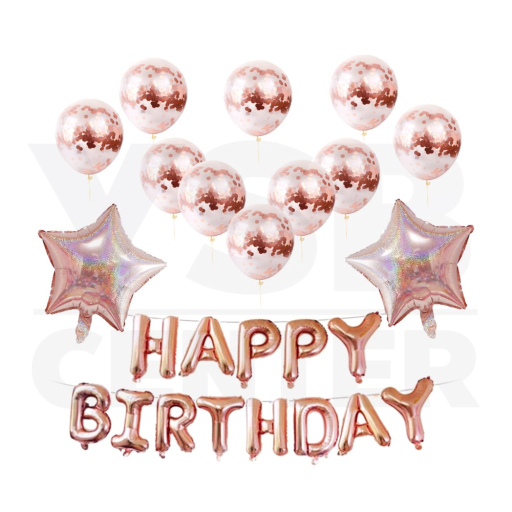 เซตลูกโป่งตัวอักษรฟอยล์ Happy Birthday+ริบบิ้นเส้นเล็ก+ลูกโป่ง