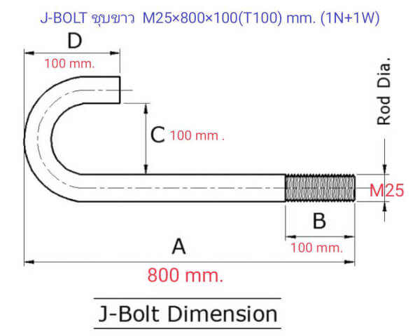 J-BOLT ชุบขาว M25x800 mm. (1N+1W) - Image 2