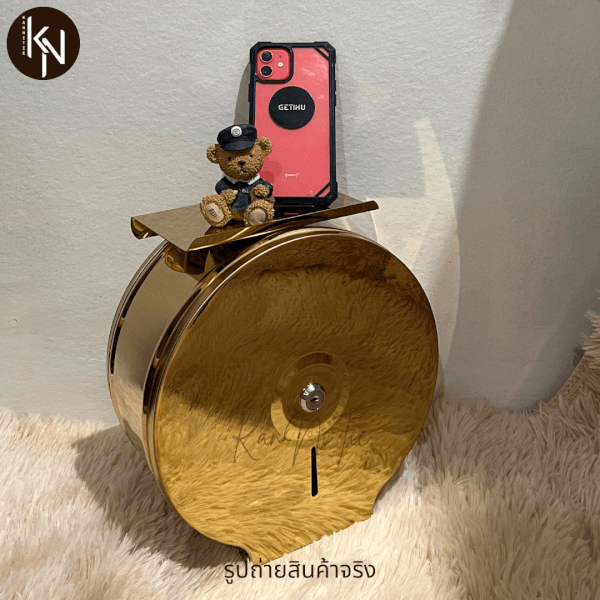 SALE ขายลดราคา มีตำหนิที่สีใช้งานได้ปกติ KanNiTie TH01 ที่ใส่กระดาษทิชชู่ม้วนใหญ่ติดผนังพร้อมชั้นวางสีทองเงา - Image 6