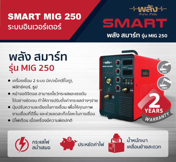 ตู้เชื่อมมิก ยี่ห้อพลัง สมาร์ท รุ่น MIG 250 ระบบ INVERTER MIG/MMA - Image 2