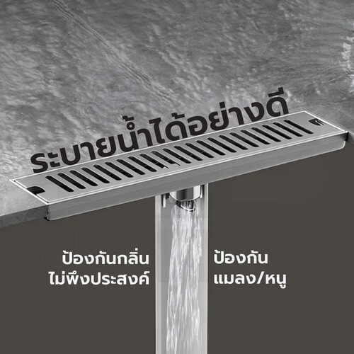 รางระบายน้ำ ตะแกรงระบายน้ำ สแตนเลสแท้ 304 กันกลิ่นและแมลง ระบายน้ำได้เร็ว ยาว 60 cm - Image 6
